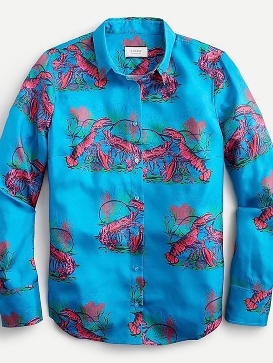 J. Crew Tops - J. Crew Turquoise Blue Silk Lobster-Print Button-Down Shirt